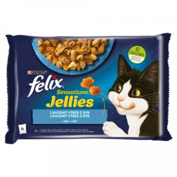 FELIX Sensations Jellies losos s krevetami, s treskou tmavou v želé s rajčinami 4 x 85 g