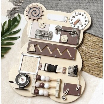 Senzorická tabuľa montessori pre deti medvedík, Busy Board 14in1