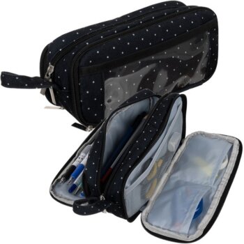 Trojité puzdro na ceruzky peračník, Pencil Case, čierne s bodkoma