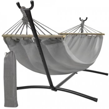 Dvojmiestna záhradná hojdacia sieť hamak so stĺpikmi a stabilným kovovým stojanom