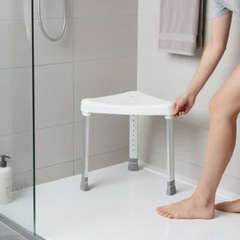 Rohová sprchová stolička TRIANGULAR nastaviteľná výška, nosnosť 150 kg - biela