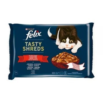 Kapsičky FELIX Tasty Shreds s kuracím a hovädzím mäsom v omáčke 4 x 80 g