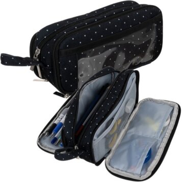 Trojité puzdro na ceruzky peračník, Pencil Case, čierne s bodkoma - Náhľad