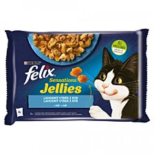FELIX Sensations Jellies losos s krevetami, s treskou tmavou v želé s rajčinami 4 x 85 g