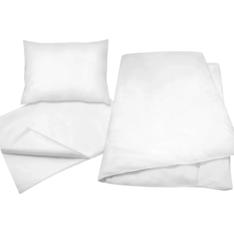 Jednorazové posteľné obliečky – biely set s vankúšom a paplónom