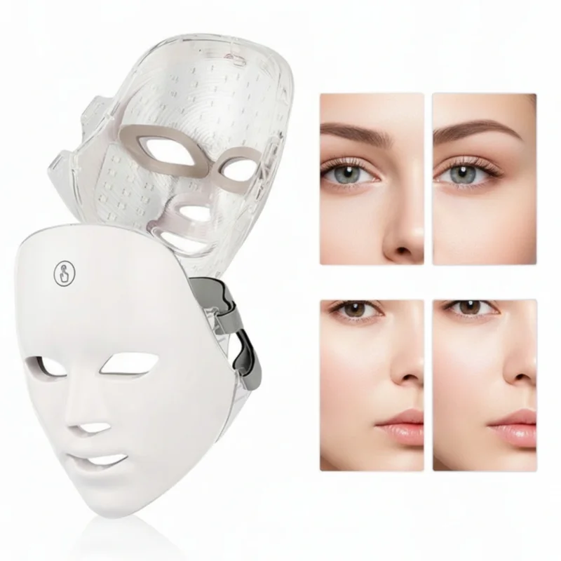Nabíjateľná LED maska na tvár počas fotónovej terapie – detail prednej časti