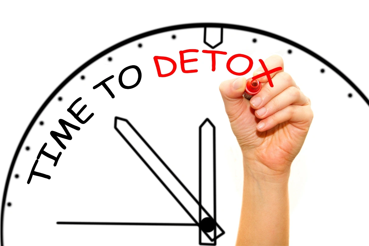 Grafika hodín s nápisom vyzývajúcim na detox. 